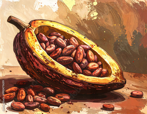 Open Cacao Pod with Beans.  A detailed artistic rendering of a cacao pod cut open to reveal reddish-brown beans inside.