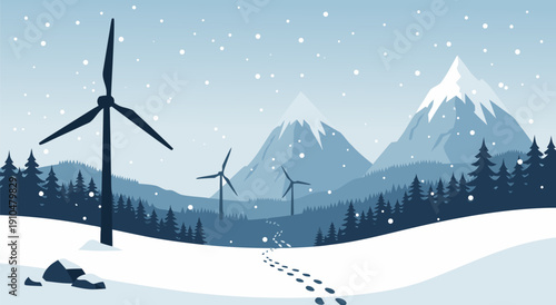 Vector illustration of wind turbines in a snowy mountain landscape with pine trees and footprints leading to a path