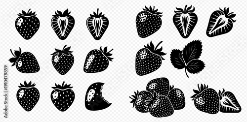 Collection of black and white strawberry illustrations, including whole, halved, and bitten fruit, with leaves, perfect for graphic design elements.