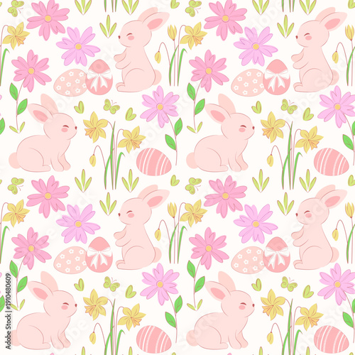 Easter bunny, florals and eggs seamless vector background