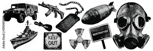 Set of Military war and army halftone grunge vector design elements