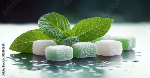 Sugar-coated green and white mint candies arranged with fresh mint leaves on a wet reflective surface, evoking cool refreshing crispness