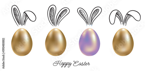 Colorful eggs with rabbit ears. Happy Easter	
