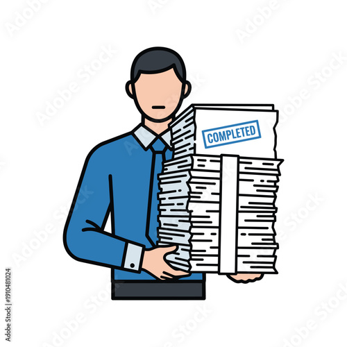 Office worker with large stack of completed documents