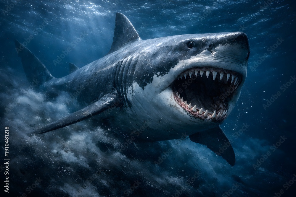 Fototapeta premium Great white shark swimming underwater with mouth open showing sharp teeth in a dramatic ocean scene with sunlight filtering through the water.