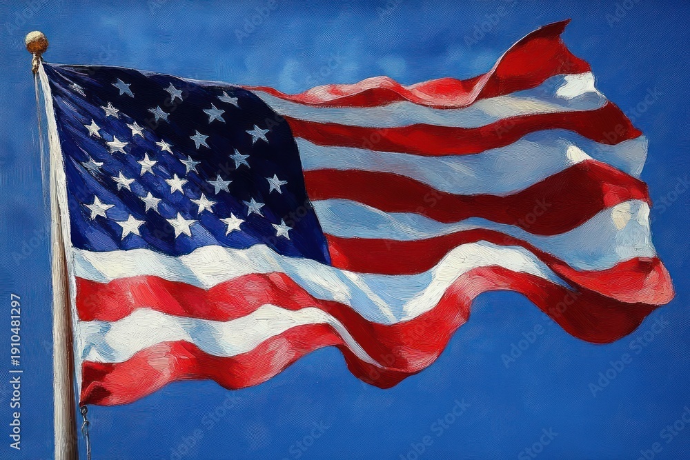 Obraz premium Waving stars and stripes flag on a pole against a vivid blue sky, flowing fabric conveying pride and resilience