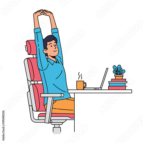 Person stretching at desk in modern office workspace