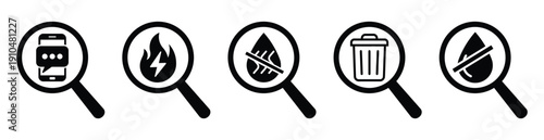 Set of five minimalist magnifying glass icons featuring smartphone chat message, electric fire energy, crossed leaf allergy free, trash bin, and crossed water drop no liquid symbol. Black outline pict