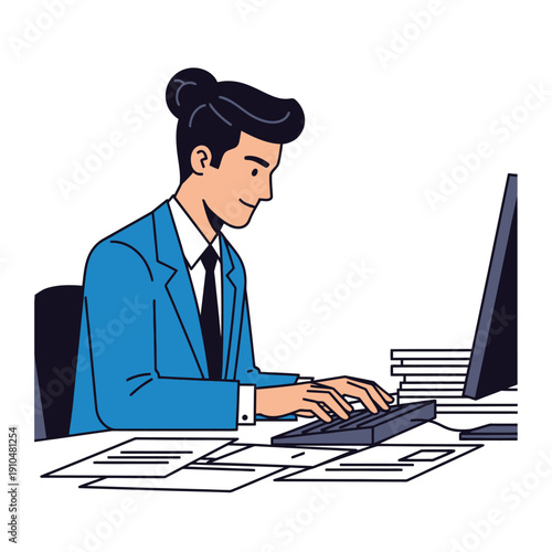 Businessman in blue suit typing at desk with computer and documents