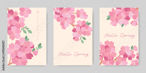 A spring card set featuring a hand-drawn illustration of cherry blossoms. A template for postcard designs, covers, posters, and weddings.