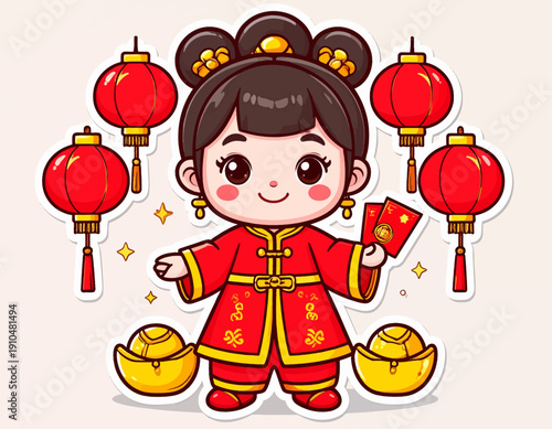 A cartoon girl in traditional red dress holding red envelopes surrounded by lanterns and gold ingots