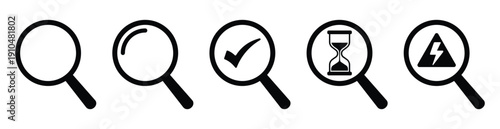 Set of five minimalist magnifying glass icons including search lens, loading progress circle, check mark approval, hourglass timer, and electric hazard warning. Black outline pictograms isolated on a 
