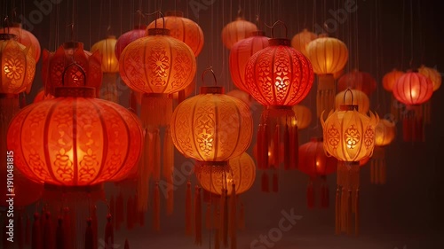Wallpaper Mural Vibrant Orange And Red Paper Lanterns Suspended From Above With Tassels In Soft Indoor Lighting And Dark Background Torontodigital.ca