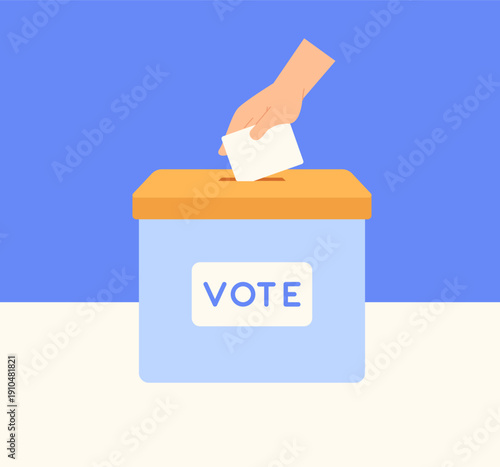 Vote box with and hand drops ballot paper for election. Flat vector illustration.