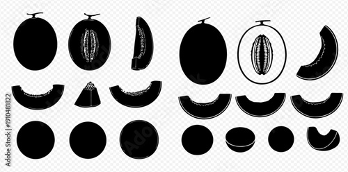 Melon fruit silhouettes set, cantaloupe and honeydew whole, half, and sliced vector illustrations.