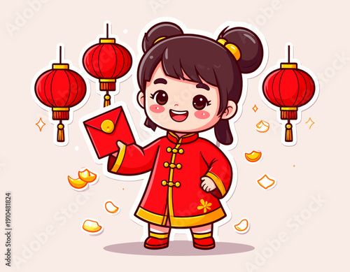 A young girl in traditional attire holding a red envelope amidst Chinese lanterns and gold coins