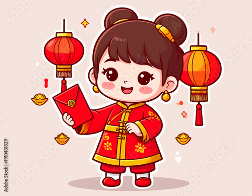 A young girl in traditional dress holding a red envelope surrounded by lanterns and gold ingots