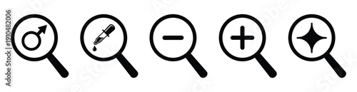 Set of five minimalist magnifying glass icons featuring male gender symbol, dropper pipette with liquid, minus zoom out, plus zoom in, and sparkle highlight. Black outline pictograms isolated on a lig