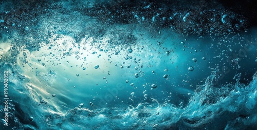 Turbulent underwater seascape of churning turquoise water with rising air bubbles, luminous currents and foamy waves conveying dramatic energetic motion and mystery