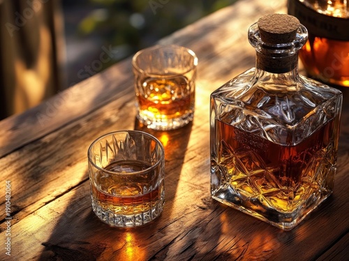 corked crystal decanter and two whiskey tumblers on a sunlit wooden table with warm golden glow, reflections and a cozy inviting mood