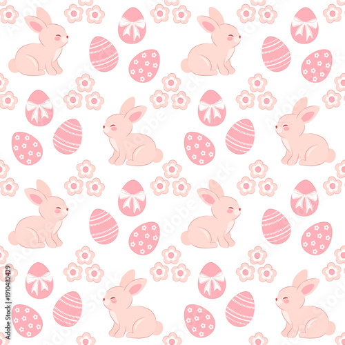 Easter bunny with pink eggs and flowers seamless pattern
