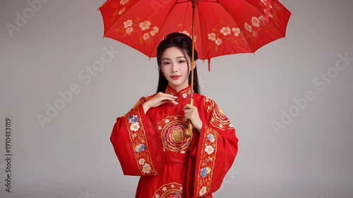 Wallpaper Mural Young Woman Posing with Red Floral Parasol in Studio Wearing Traditional Embroidered Hanfu Dress in Front of Gray Torontodigital.ca