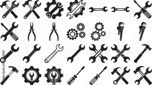 Comprehensive Collection of 24 Industrial Hand Tool Icons featuring Hammers Wrenches Screwdrivers and Mechanical Gears for Maintenance and Repair