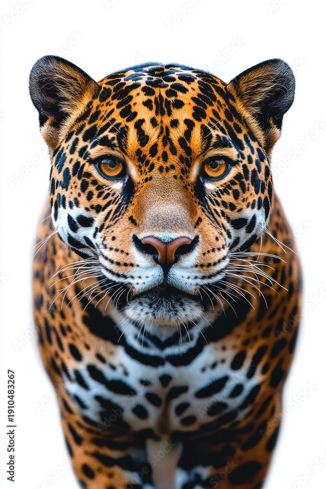 Obraz premium majestic spotted big cat close-up with intense amber eyes, focused stare, visible whiskers and patterned coat on white background