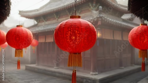 Wallpaper Mural Vibrant Red Lanterns Hang Outside Traditional Asian Buildings With Tiled Roofs and Intricate Design in an Urban Setting Torontodigital.ca