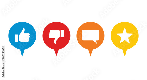 feedback icons, like dislike comment rating, colorful pins