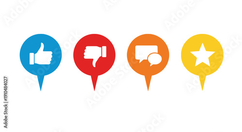 feedback icons, thumbs up, thumbs down, comment, star, colorful pins