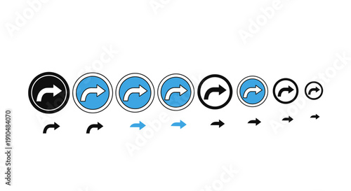 right turn road signs set, various sizes and colors