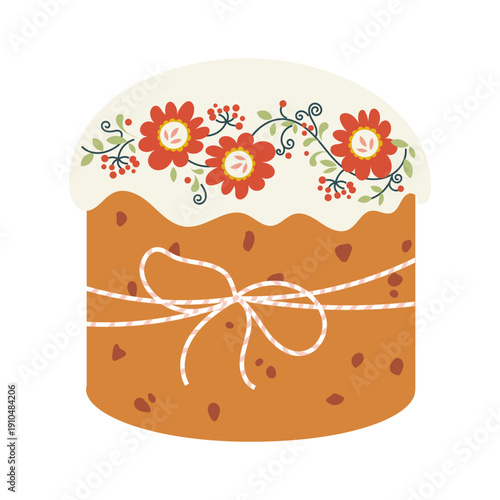 Festive hand-drawn Easter cake decorated with flowers and ribbon. Warm folk illustration with joyful mood, ideal for greeting cards, gift packaging, spring holidays and cozy seasonal design Vector