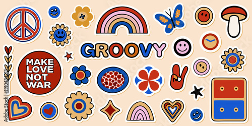 A colorful collection of 1960s and 70s inspired stickers and groovy designs