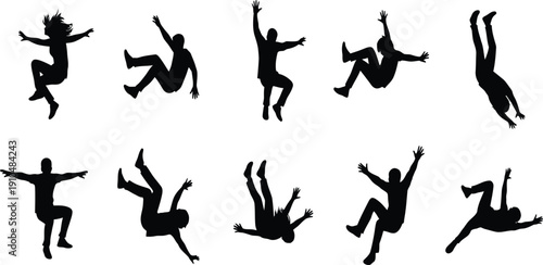 Artistic vector silhouettes of dancing people and jumping women in motion, featuring black ballet dancers and fitness enthusiasts in an expressive sport illustration