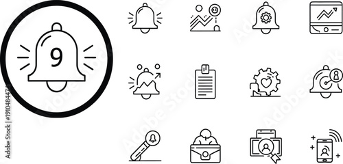 Notification bell line icons set, modern outline web interface symbols for alerts settings messages and digital application dashboard design