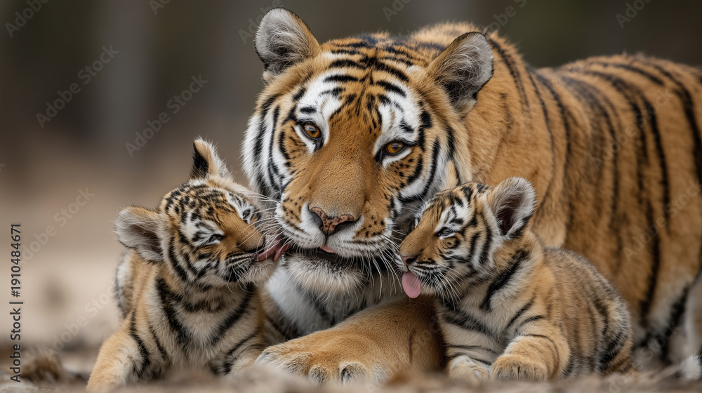 Obraz premium Tender Tiger Family Moment: Witness a heartwarming display of affection as a majestic tiger shares an intimate moment with her cubs.