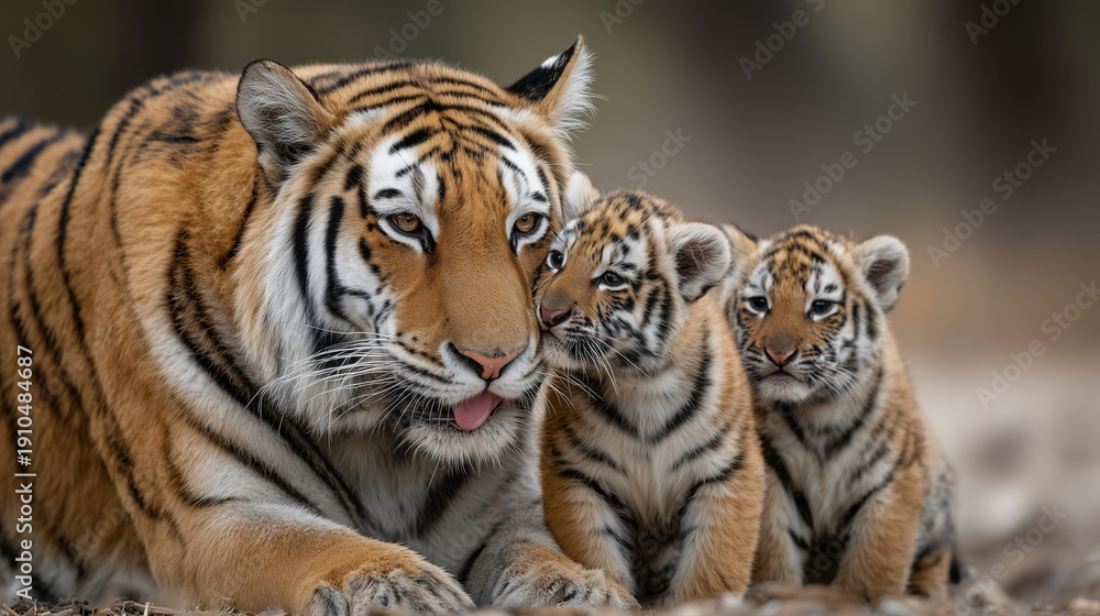 Obraz premium Tiger Family Affection: A majestic tigress and her two adorable cubs share a tender moment, their bond of affection evident. The image evokes warmth, protection, and the wild beauty of nature.