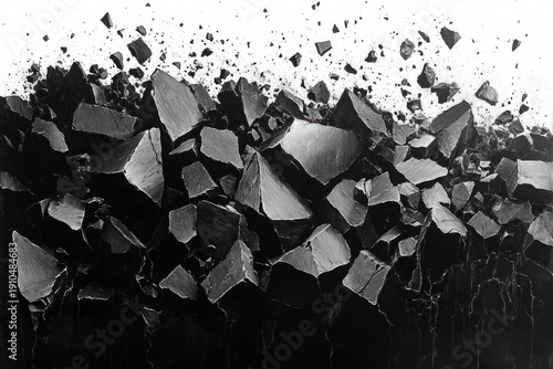 Dramatic pile of jagged black rock shards with flying fragments in high-contrast monochrome, conveying chaos and raw energy