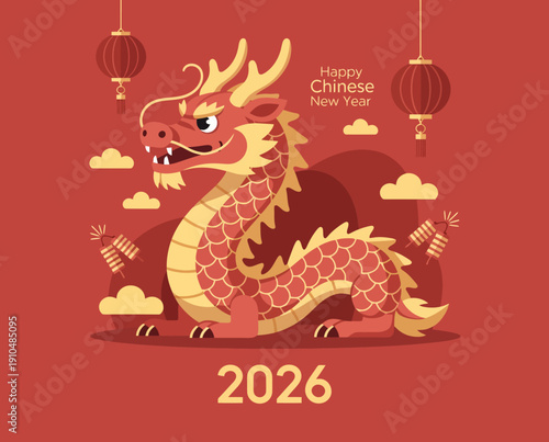 Vibrant illustration of a dragon celebrating Chinese New Year 2026 with lanterns and clouds