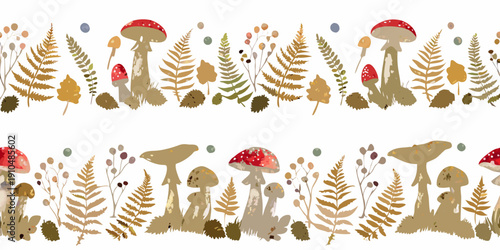 Seamless pattern featuring stylized mushrooms ferns and autumnal foliage