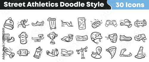 Thirty unique street athletics doodle style icons depicting various extreme sports gear and accessories are presented in black and white.