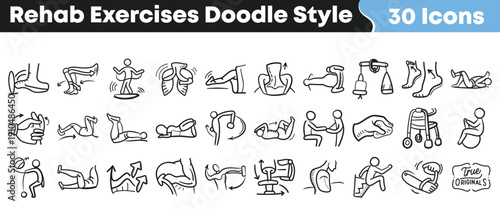 Collection of thirty unique hand drawn doodle style icons representing various physical rehabilitation exercises and mobility aids for medical design