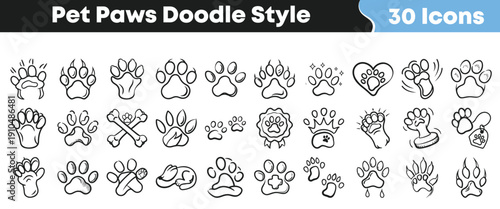 Collection of thirty unique doodle style pet paw print icons providing various animal track illustrations for design projects
