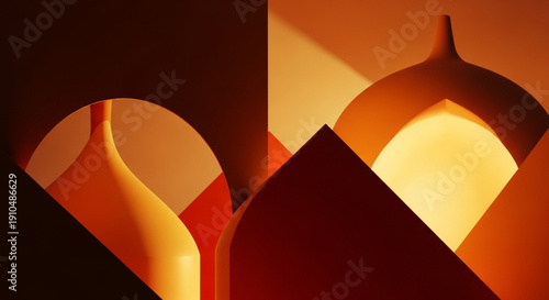 A minimalist abstract 3D render featuring curved and sharp geometric shapes with warm orange and red lighting, resembling modern architectural elements.