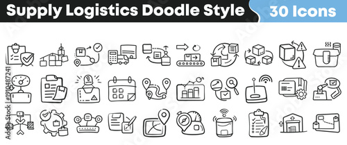 Collection of thirty hand drawn doodle style icons representing various aspects of supply chain logistics and delivery management processes