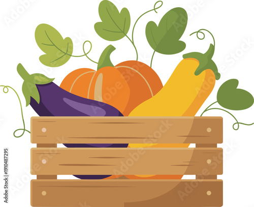 Colorful vegetables in a wooden crate with green leaves and vines pumpkin eggplant zucchini