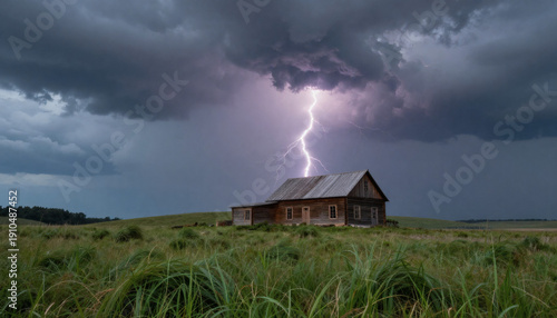 Wallpaper Mural A Bolt Of Lightning Striking Behind A Rustic Wooden Farmhouse Under Dark Ominous Storm Clouds In A Vast Grassy Field Torontodigital.ca