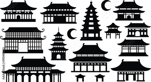 Asian temple and pagoda silhouettes collection isolated on white background, traditional oriental architecture black vector illustration set