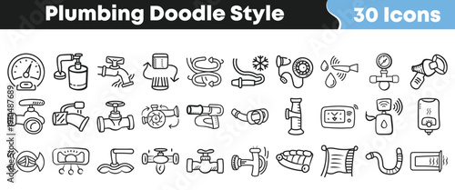 Collection of thirty hand drawn doodle style icons representing various plumbing tools fixtures and water system components for design